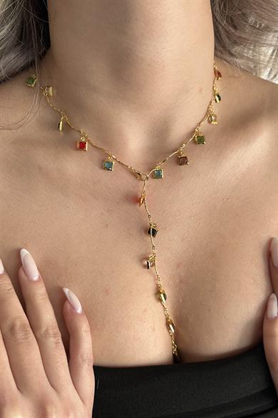 Altın Renk Taş Detaylı Çelik Y Kolye