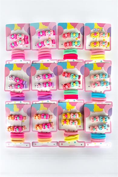 12li Karışık Renk Kurdele Figürlü Lastik Toka Ve Yan Toka Set 