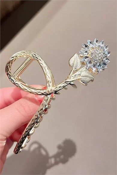 Altın Renk Çiçek Figürlü Taşlı Metal Mandal Toka