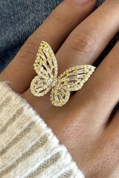 Altın Renk Kelebek Figürlü Ayarlanabilir Çelik Yüzük