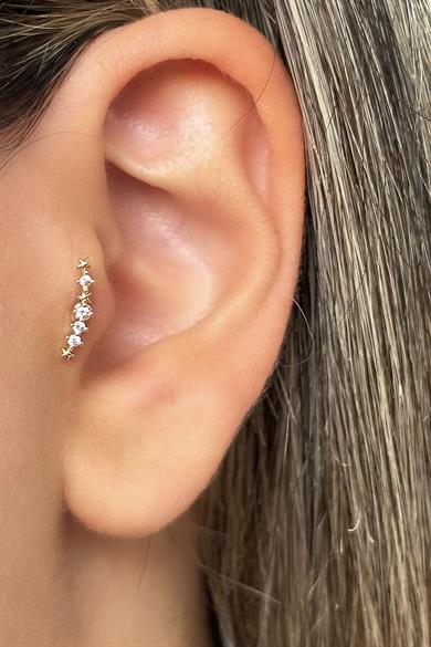 Altın Renk Taş Detaylı Çelik Tragus/Kıkırdak Küpe/Piercing (Tek)