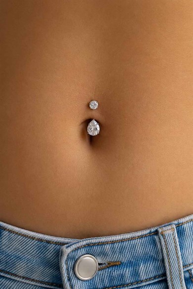 Gümüş Renk Taşlı Cerrahi Çelik Göbek Piercing