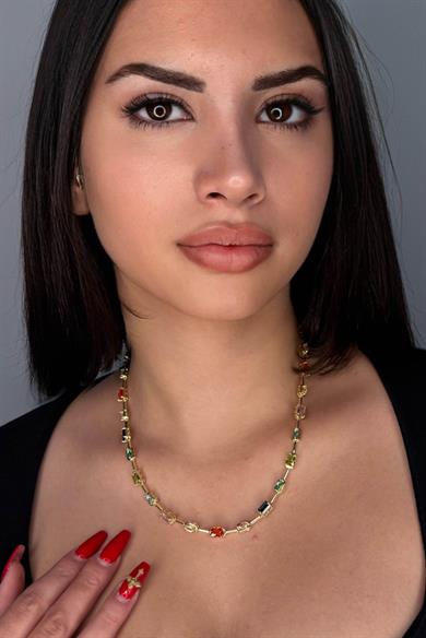 Altın Renk Renkli Taş Detaylı 14K Altın Kaplama VİP Kolye