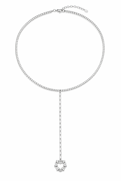 Gümüş Renk Kalp Figürlü Taş Detaylı Choker Kolye