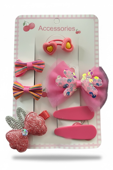 Pembe Renk Kurdele Figürlü Lastik, Yan Toka Set