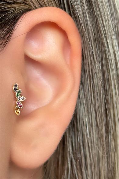 Altın Renk Taş Detaylı Çelik Tragus/Kıkırdak Küpe/Piercing (Tek)
