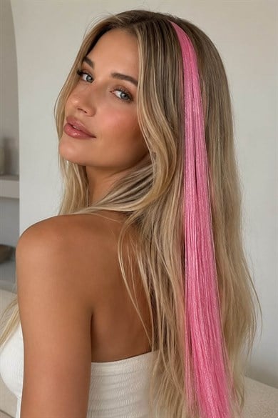 Pembe Renk Simli Yan Postiş Hair Tinsel Shiny Hair (50 Cm)
