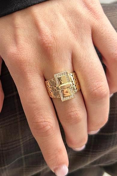 Altın Renk Taş Detaylı Ayarlanabilir Çelik Yüzük