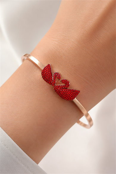 Rose Gold Kuğu Figürlü Taş Detaylı Renk Çelik Kelepçe Bileklik