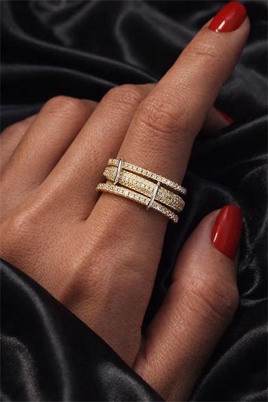Altın Renk Çoklu Halka Detaylı Taşlı Yüzük
