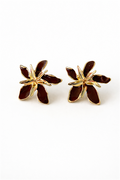 Altın Ve Kahve Renk Çiçek Figürlü Küpe (Çift)