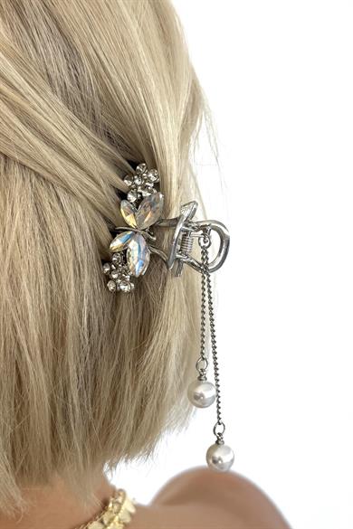 Gümüş Renk Kelebek Figürlü Taşlı Mini Mandal Toka