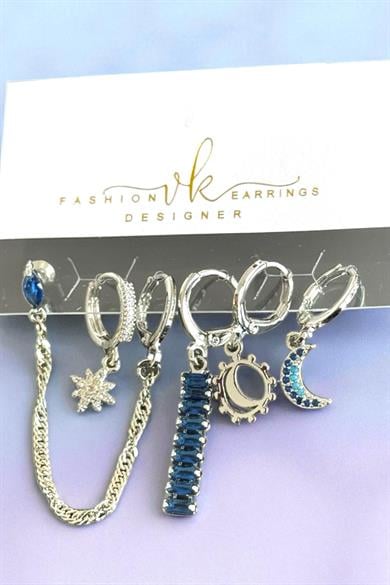 6lı Gümüş Renk Taş Detaylı Küpe Set