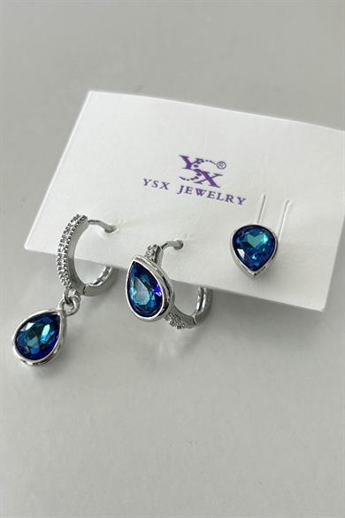 Gümüş Renk Taş Detaylı 3lü YSX Küpe Set