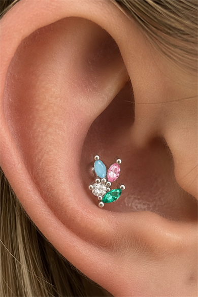 Gümüş Renk Taşlı Cerrahi Çelik Tragus/Kıkırdak Küpe/Piercing (Tek)