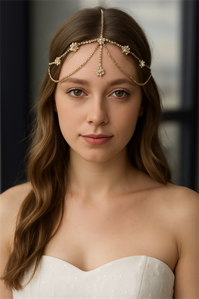 Altın Renk Taş Detaylı Alınlık/Kına Aksesuarı