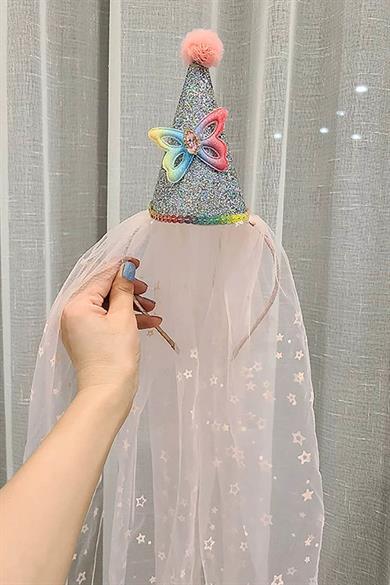 Pembe Renk Şapka Figürlü Tül Detaylı Çocuk Taç