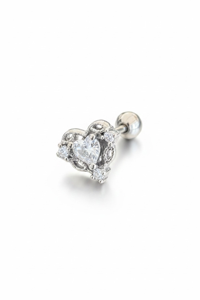 Gümüş Renk Kalp Figürlü Taşlı Cerrahi Çelik Tragus/Kıkırdak Küpe/Piercing (Tek)