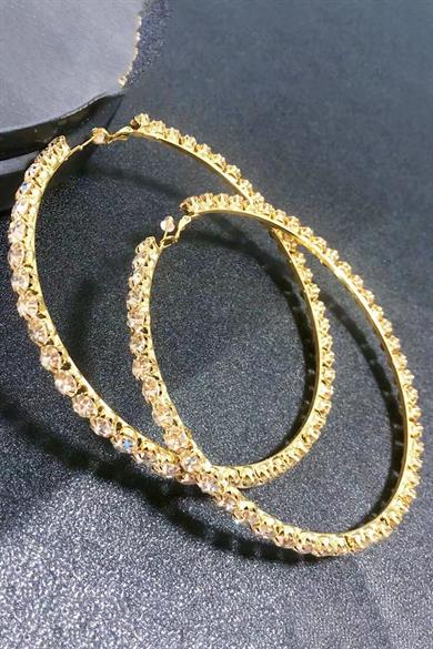 Altın Renk Taş Detaylı Halka Küpe 55Mm (Çift)