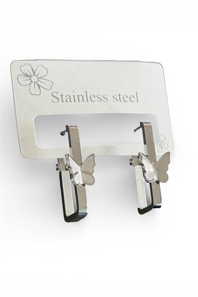 Gümüş Renk Kelebek Detaylı Çelik Küpe (Çift)