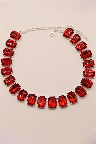 Gümüş Renk Kırmızı Taş Detaylı Tasarım Abiye Kolye