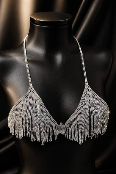 Gümüş Renk Hologram Taş Detaylı Bikini Üstü /Bralet /Vücut Aksesuarı
