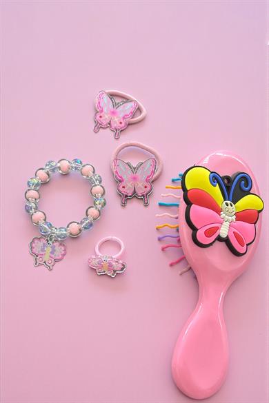 Pembe Renk Kelebek Figürlü Tarak /Bileklik /Yüzük Ve Toka Set