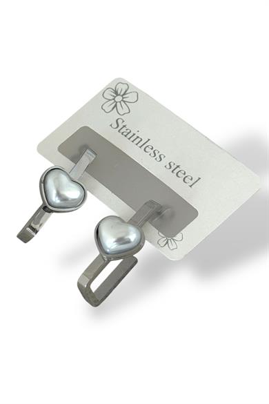 Gümüş Renk Kalp Figürlü İnci Detaylı Çelik Küpe (Çift)