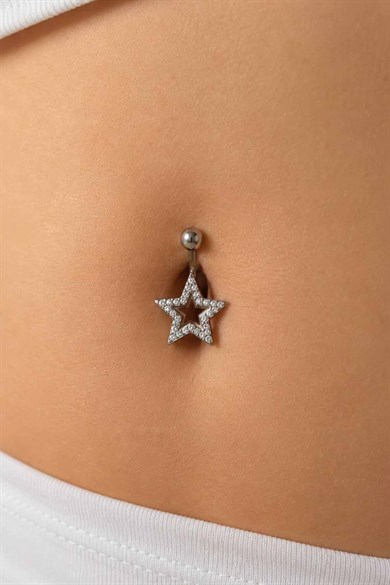 Gümüş Renk Yıldız Figürlü Taşlı Cerrahi Çelik Göbek Piercing