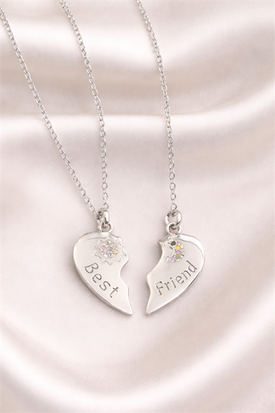 Gümüş Renk Kalp Figürlü Çelik Best Friend Kolye