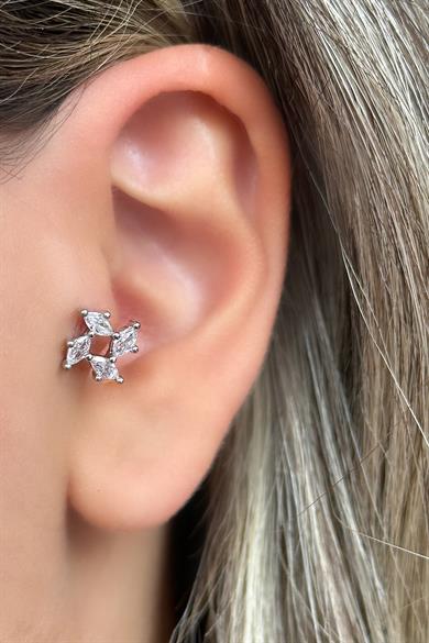 Gümüş Renk Taş Detaylı Çelik Tragus/Kıkırdak Küpe/Piercing (Tek)