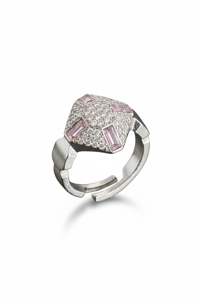 Gümüş Renk Pembe Taş Detaylı Serçe Parmak Yüzük (Ayarlanabilir)