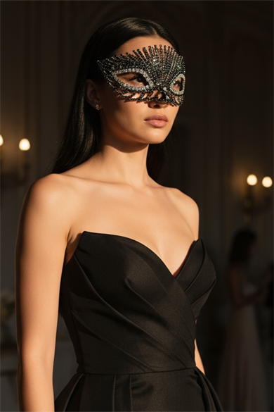 Gümüş Renk Siyah Taş Detaylı Tasarım Parti Maskesi