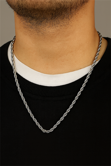 Gümüş Renk Burgu Detaylı Erkek Zincir Çelik Kolye (60cm)