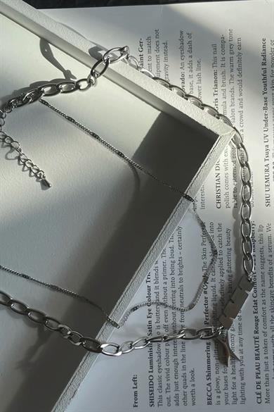 Gümüş Renk Erkek İkili Zincir Çelik Kolye 