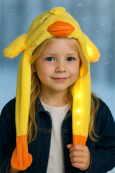 Sarı Renk Ördek Figürlü Işıklı Kulakları Oynayan Peluş Şapka