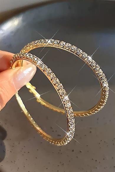 Altın Renk Taş Detaylı Halka Küpe 75Mm (Çift)