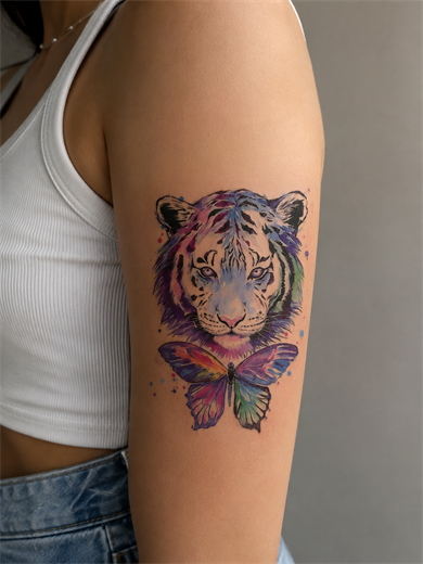 Renkli Aslan ve Kelebek Geçici Dövme Tattoo