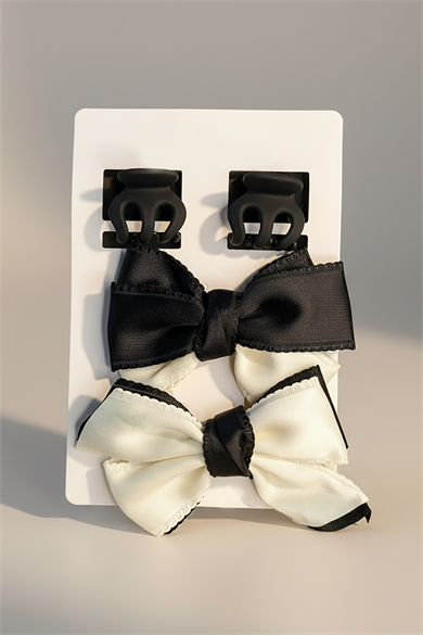 Siyah Ve Beyaz Renk Mandal Toka Ve Kurdele Detaylı Yan  Toka Set