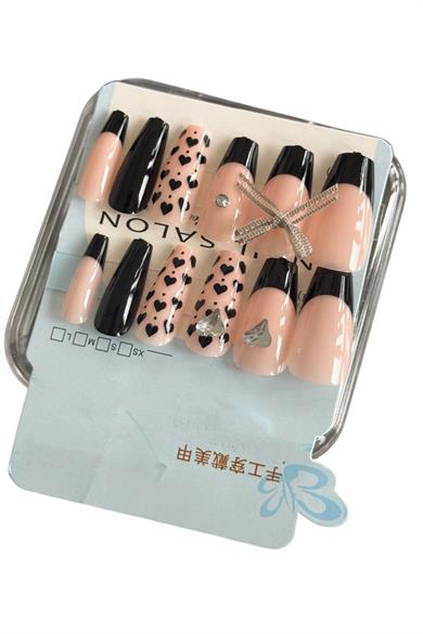 12li Siyah Ve Pembe Renk Kurdele Figürlü Taşlı Takma Tırnak Set (Yapıştırıcılı)
