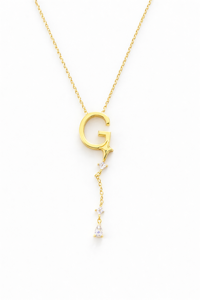 Altın Renk G Harfli Taş Detaylı Çelik Kolye