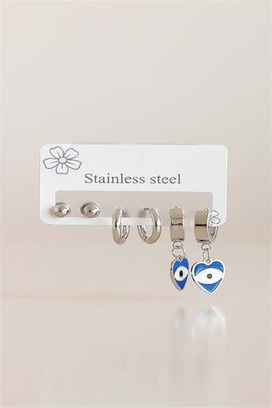 Gümüş Renk 6lı Karışık Figürlü Çelik Küpe Set