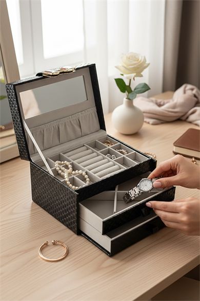 Siyah Renk Ayna Detaylı Çekmeceli Deri Takı Organizeri