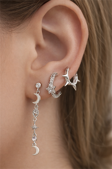 Gümüş Renk Taş Detaylı 3lü YSX Küpe Set