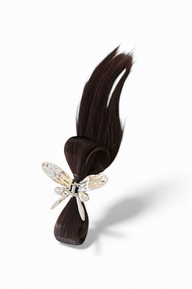 Koyu Kahve Renk Dağınık Topuz Efektli Saç Eklentisi Kelebek Figürlü Mandal Toka