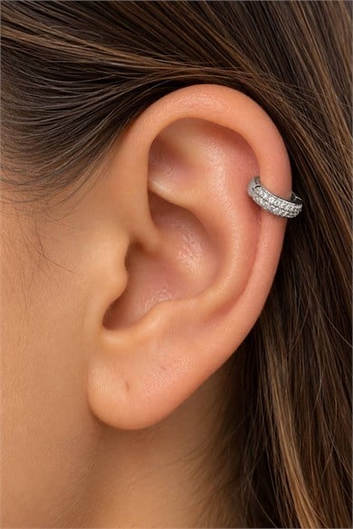 Gümüş Renk Taşlı Cerrahi Çelik Halka Tragus/Kıkırdak Küpe/Piercing (Tek)