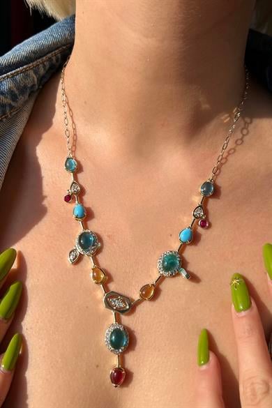 Altın Renk Taş Detaylı 14K Altın Kaplama VİP Kolye