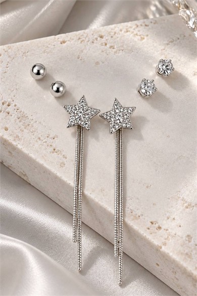 Gümüş Renk Yıldız Figürlü 6lı Taşlı Küpe Set