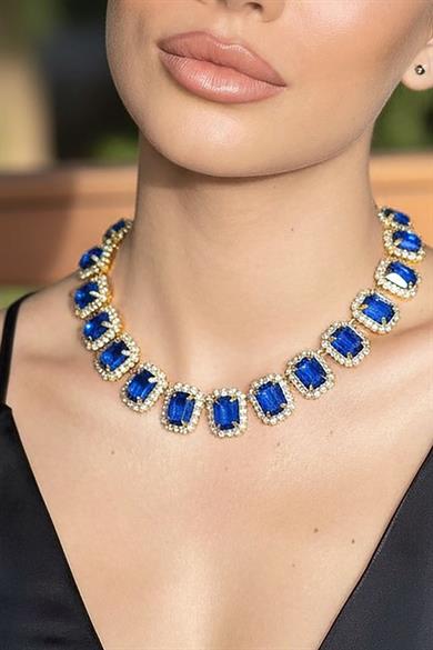 Altın Renk Mavi Taş Detaylı Tasarım Abiye Kolye