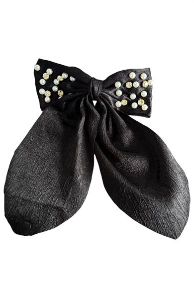 Siyah Renk Kurdele Figürlü İnci Ve Taş Detaylı Otomat Toka